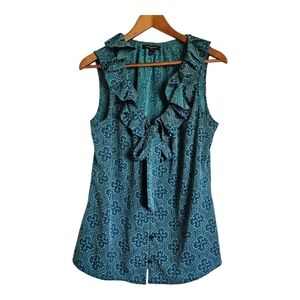 Banana Republic Teal Sleeveless Ruffle Collar Tie Front Button Up Shirt Size L